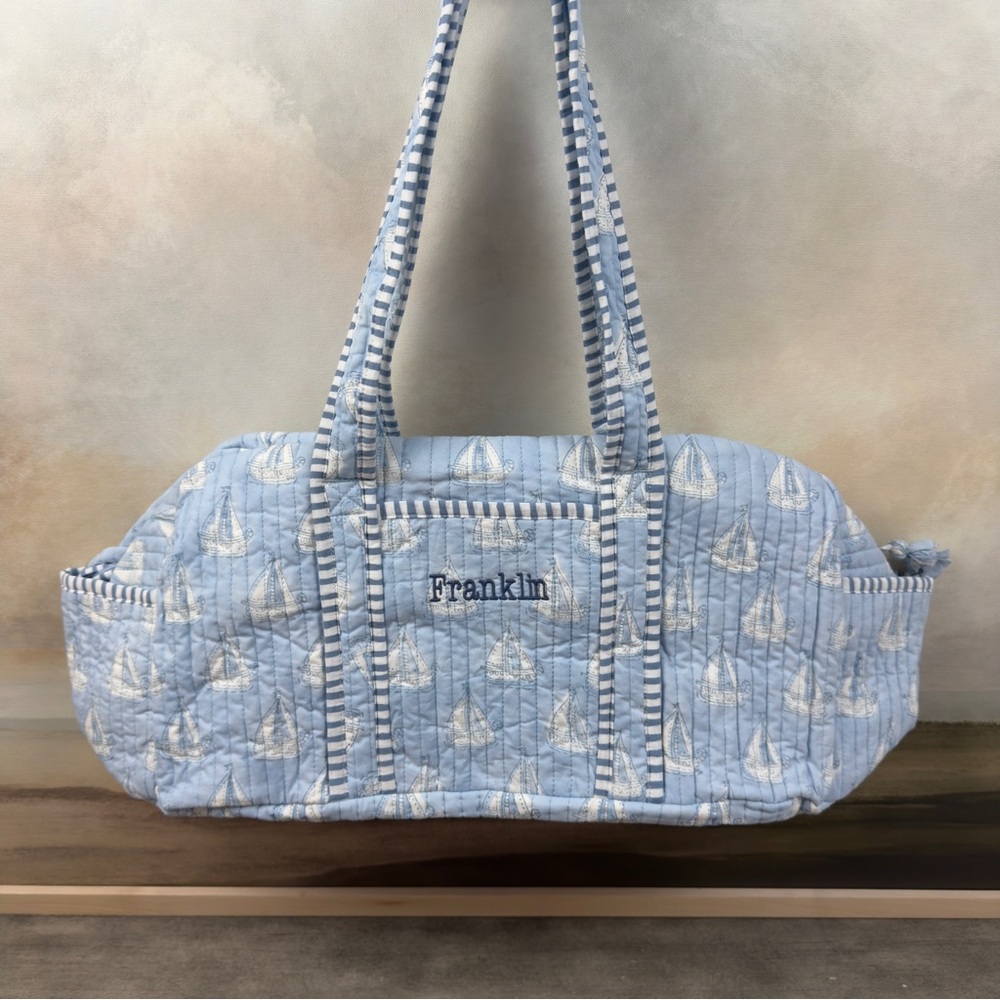 Mark & Graham Block Print Quilted Overnighter Bag Blue Sailboat Monogrammed Read